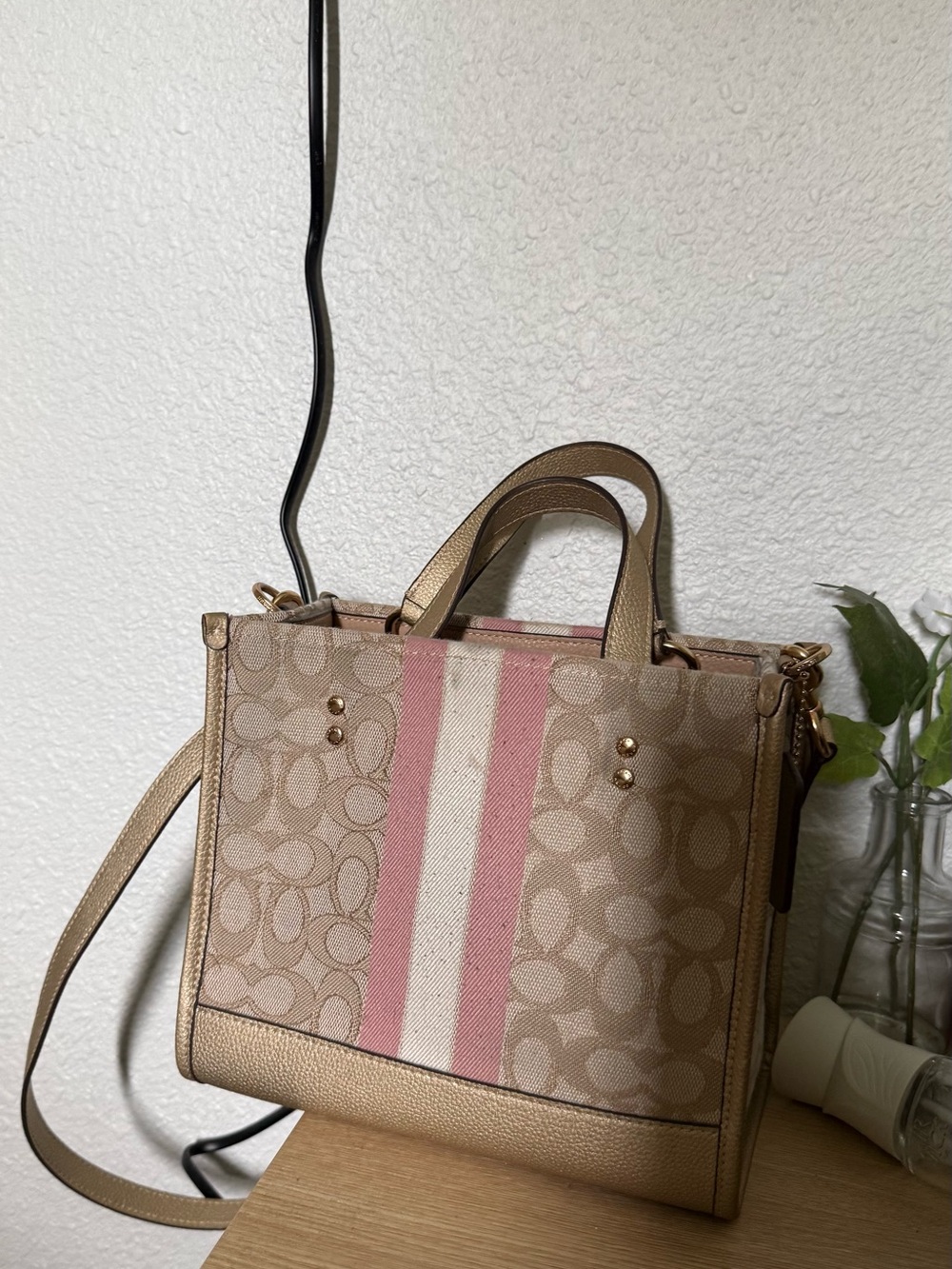 COACH Tan Signature Satchel with Pink and Cream Stripe - Picture 3 of 3